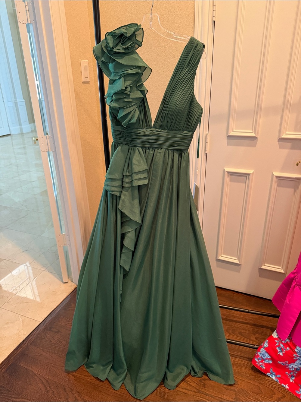 Mac Duggal Emerald One-Shoulder Ruffled Gown